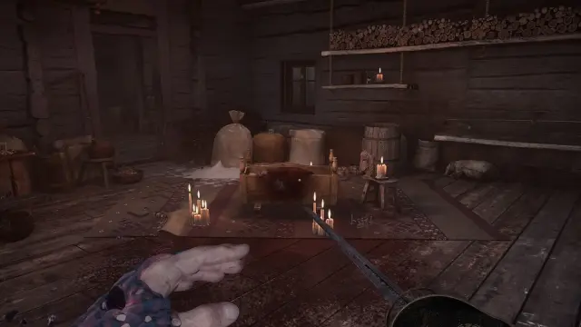 Empty bloody crib and candles inside the quest house; high-resolution scene, clear central focal point, no HUD bars.